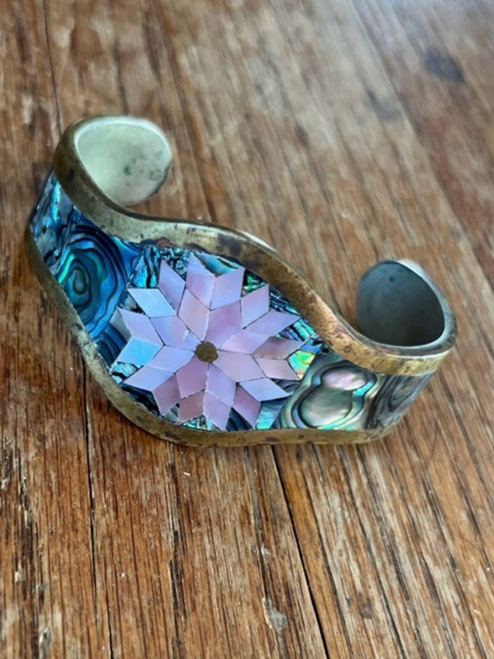 VINTAGE BRACELET abalone flower Mexican cuff - Picture 7 of 16